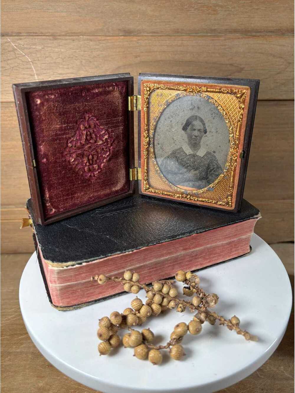Antique Victorian Tintype Photograph Frame Gutta Percha Case with Ornate Brass